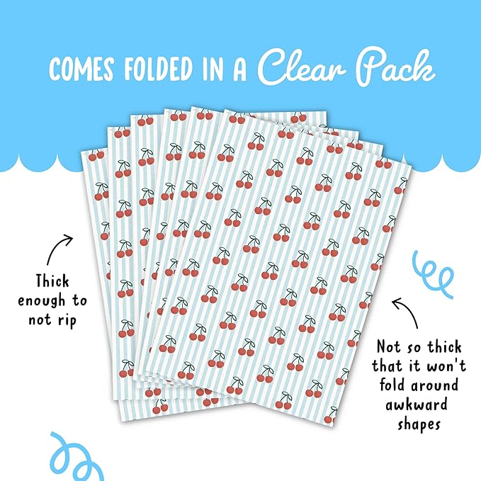 CENTRAL 23 Blue Wrapping Paper - 6 Sheets Cherry Gift Wrap for Women or Friends - Birthday Christmas Wedding Summer Theme - Red Cherries Stripe - Recyclable - Comes with Tags