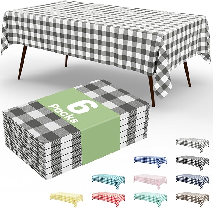 Smiry 6 Pack Grey Gingham Disposable Tablecloths - 54" x 108" Heavy Duty Plastic Table Cloth, Waterproof Buffalo Plaid Table Covers for Picnic, Banquets, Outdoor Parties