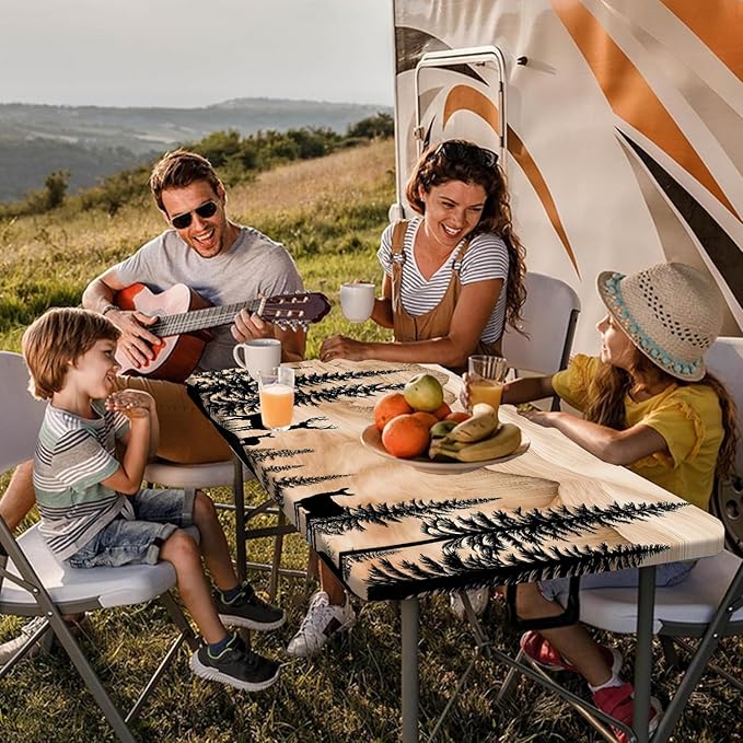 Picnic Table Cover with Bench Covers Camping Essentials Rustic Hunting Deer Forest Waterproof Windproof Camping Tablecloth Fitted Tablecloth Cover with Elastic Edge for Indoor Outdoor 3 PCS 30x60 Inch