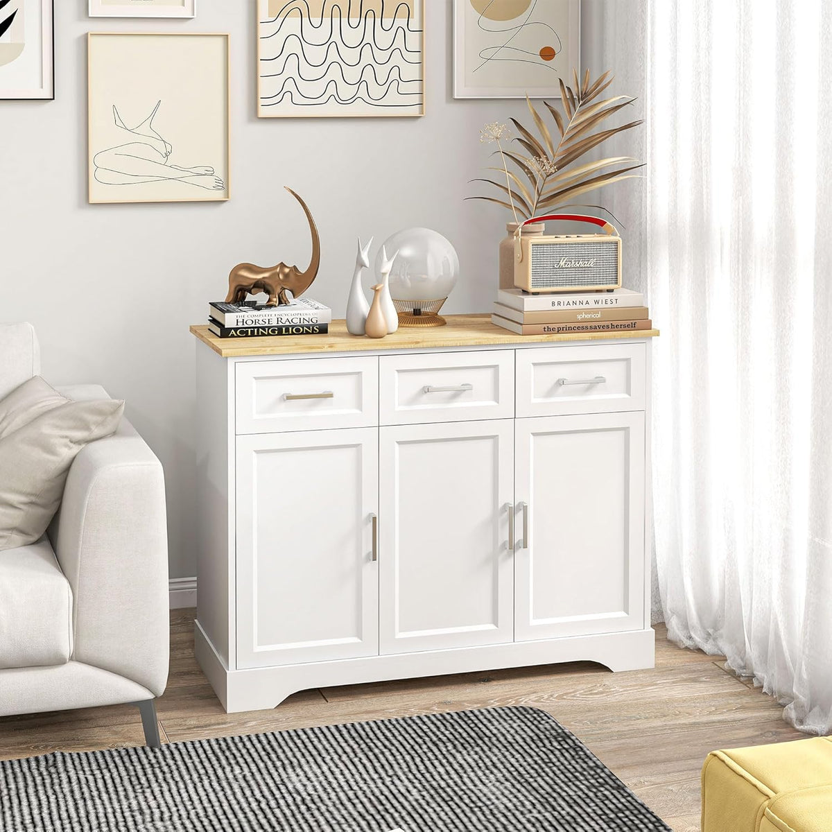 Homcom Sideboard Buffet Cabinet with 3 Storage Drawers, Kitchen Cabinet, Coffee Bar, with Adjustable Shelf for Living Room, White