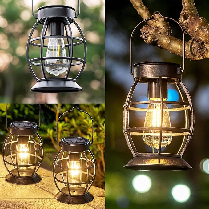 LeiDrail Solar Lanterns Outdoor 4 Pack, Hanging Waterproof Metal Lantern Dual LED Warm White, Auto On/Off Garden Patio Yard Porch Pathway Table Decor, Solar Powered Gift for Women