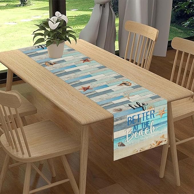Summer Beach Table Runner, Nautical Starfish Seashell Ocean Retro Wooden Plank Coffee Table Center Decor for Home Kitchen Dining Patio Holiday Party Table Decorations 13"x90"