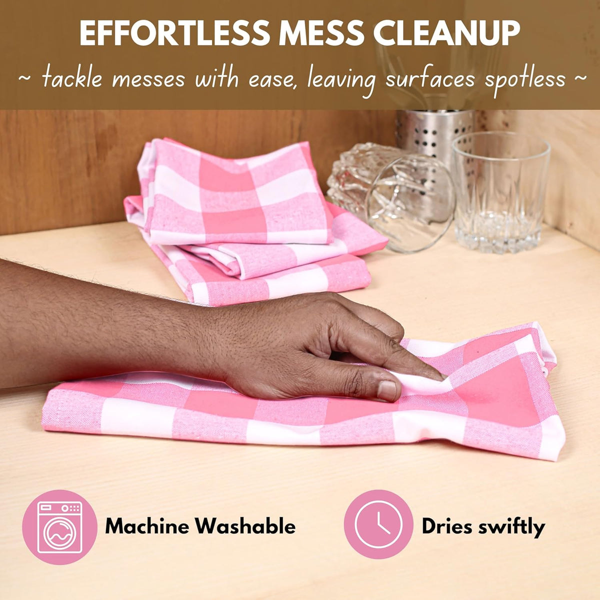 Native Fab Pink Checked Kitchen Towel 16"x26" - 12 Pack Buffalo Plaid Cotton Dish Towels - Absorbent Dishcloth Set