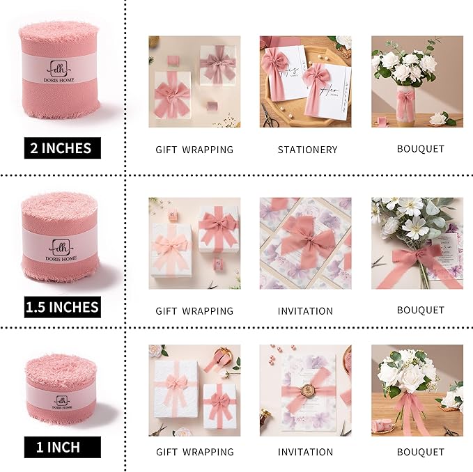 DORIS HOME Dusty Rose Chiffon Ribbon for Flower Bouquet, 2" x21Yd Fabric Ribbon for Gift Wrapping, Handmade Frayed Ribbon for Wedding, Chiffon Silk Ribbon for Christmas Decorations