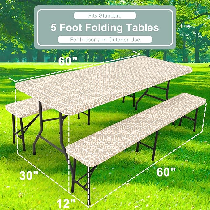 misaya Picnic Table Cover with Bench Cover, Waterproof Elastic Fitted Tablecloth for 5 Foot Tables, Rectangle Washable Polyester Tablecloths for Picnic, Camping, Outdoor (Khaki, 30" x 60")