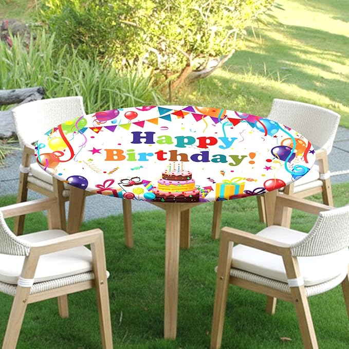 Birthday Round Fitted Tablecloth with Elastic Colorful Happy Birthday Party Circle Table Cover for 36-40" Round Tables Wipeable Waterproof Cake Balloons Gifts Table Cloth for Picnic Dining Patio Decor
