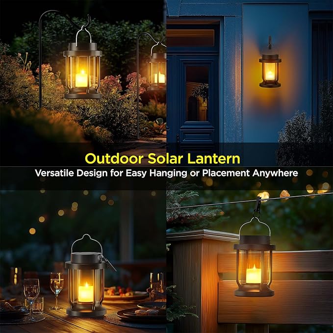 Solar Lantern Outdoor Indoor Use – Hanging Solar Lights with Realistic Flickering Flameless Candle, Weatherproof for Garden Decor, Patios, Trees, and Lawns (Black, 2 Pack)