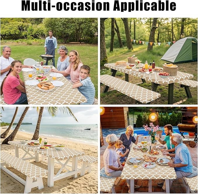 Smiry Picnic Table Cover with Bench Covers, Waterproof Elastic Fitted Tablecloth for 5 Foot Tables, Washable Polyester Tablecloths for Camping, Indoor & Outdoor (Khaki, 30x60 Inch 3-pc Set)