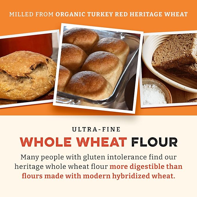 Sunrise Flour Mill Organic Heritage Whole Wheat Flour - 2 lbs, Easier to Digest with Less Bloating, No Bleaching or Bromating, Zero Additives