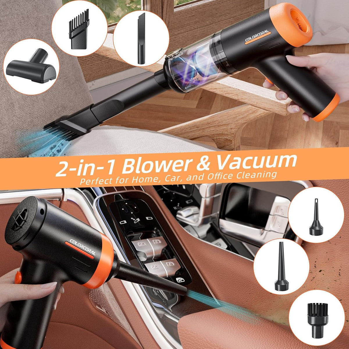 COLORCORAL Handheld Vacuum Cordless Rechargeable 16000Pa High Power Car Vacuum Portable with Brushless Motor, 4 in 1 Portable Vacuum Cleaner with Cleaning Gel for Home, Car and Office