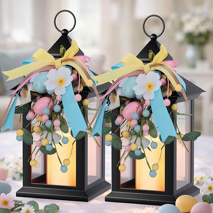 Easter Lanterns Decorative Indoor & Outdoor, 14 Inch Black Candle Lanterns with Timer Waterproof, Hanging Spring and Easter Lantern Decor for Home, Table, Porch, Patio, 2 Pack