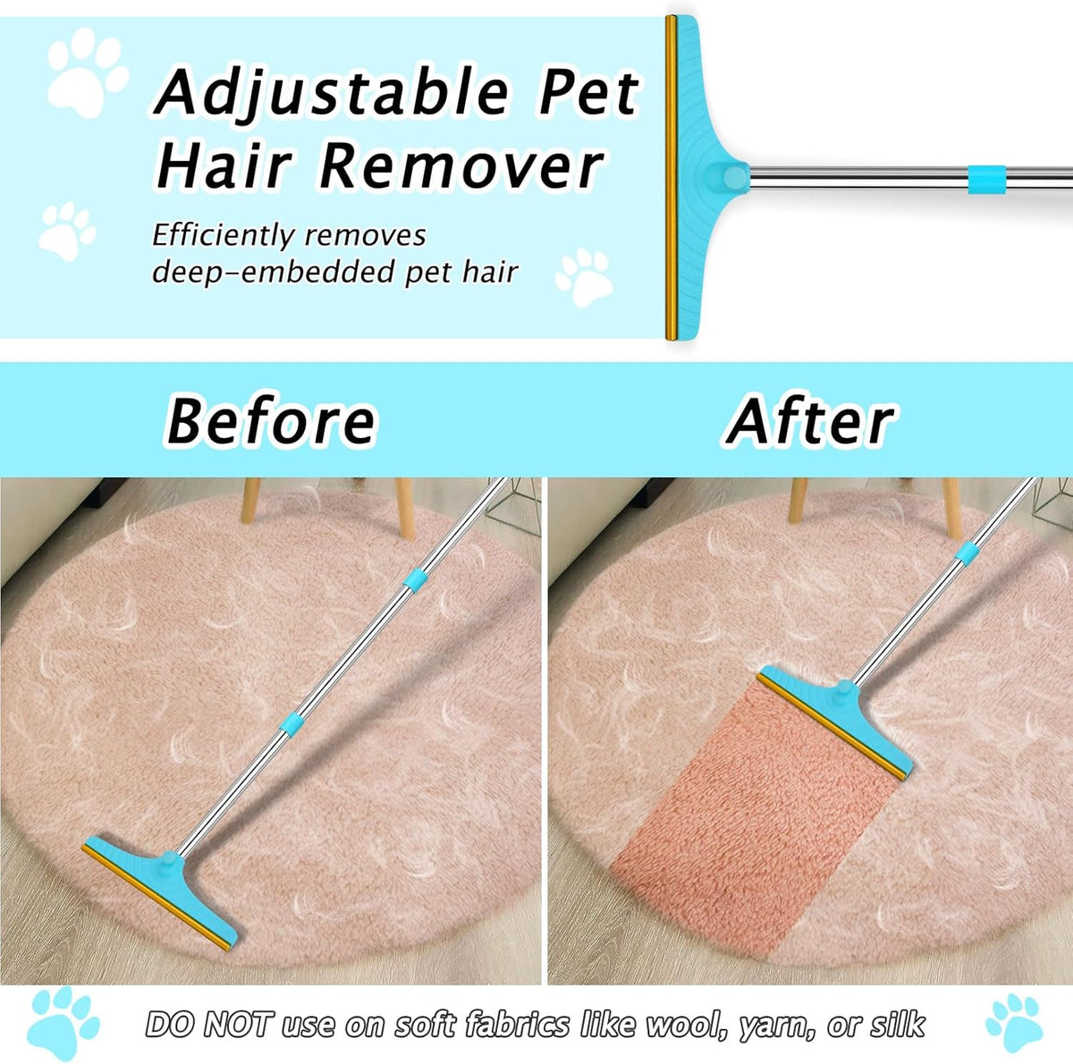 Carpet Rake for Pet Hair Removal - Reusable Pet Hair Remover, 60” Adjustable Long Handle Cat Dog Carpet Rake Scraper with Patented Design, Dog Hair Rake Brush for Rugs, Mats