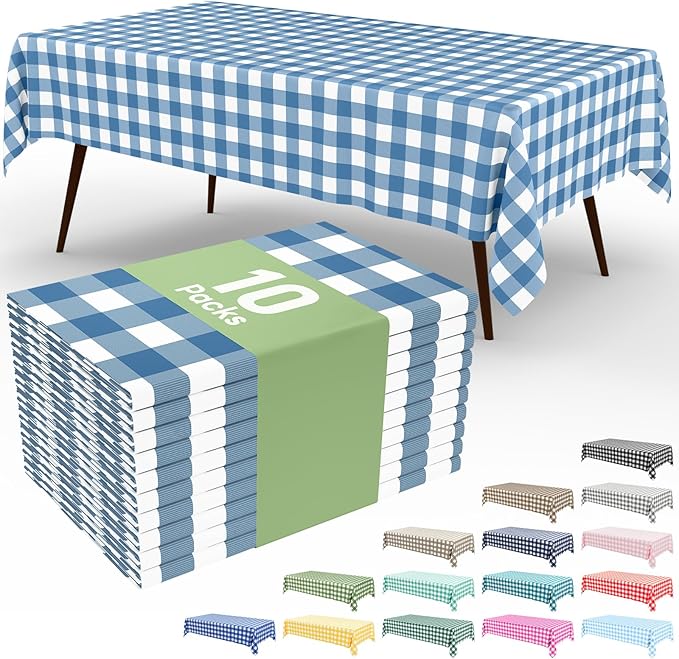 Smiry 10 Pack Aquamarine Gingham Disposable Tablecloths - 54" x 108" Heavy Duty Plastic Table Cloth, Waterproof Buffalo Plaid Table Covers for Picnic, Banquets, Parties
