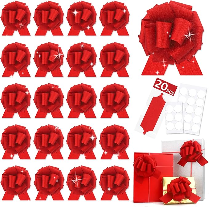 20 pcs Red Pull Bow for Gift Basket Wrapping Xmas Gift Bows Presents Adhesive Wrap Ribbon Bow for Christmas Tree Ornament Wine Bottles Bouquet Flower Valentine's Day Party Decor (Red-L)