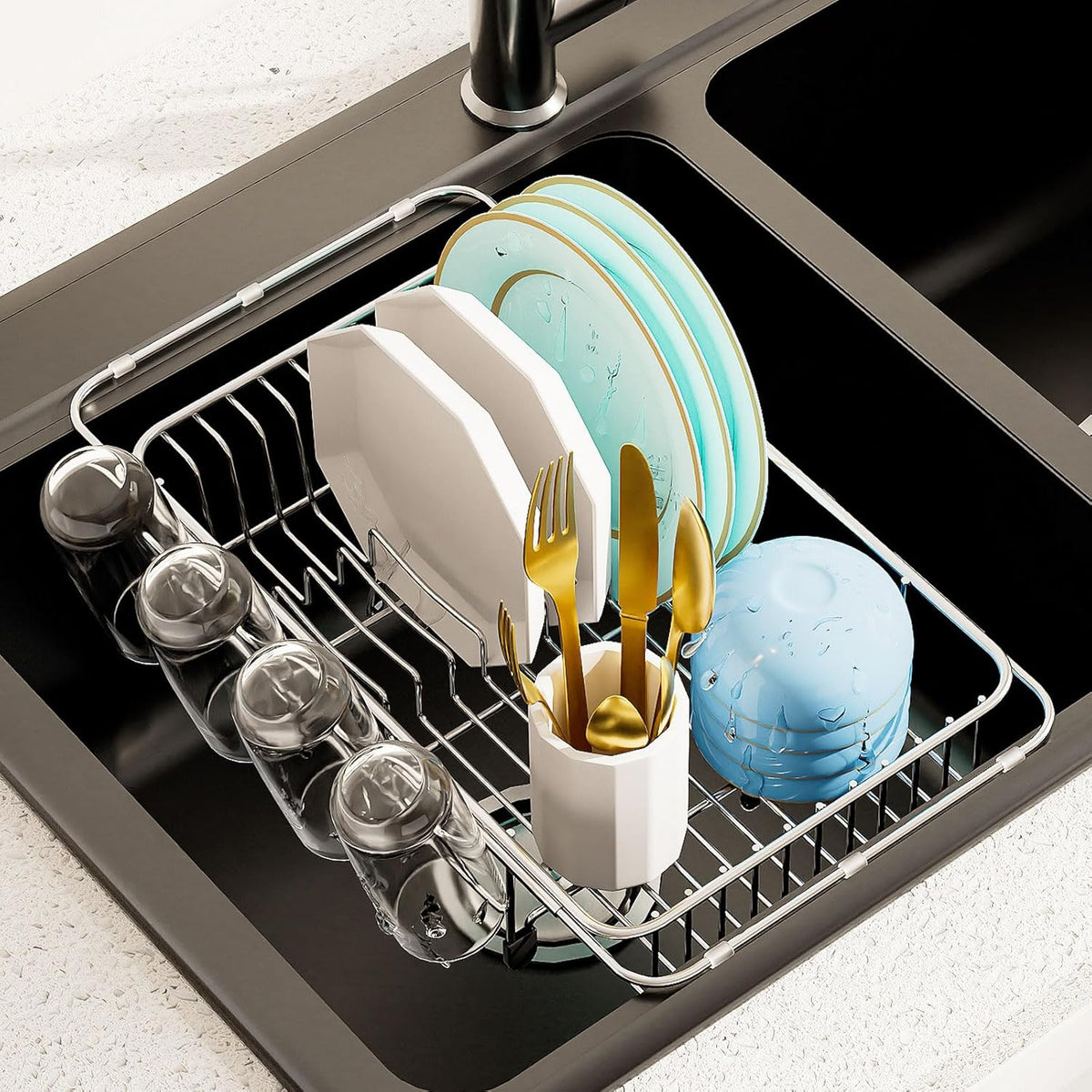 Dish Drying Rack in Sink Expandable Stainless Steel Kitchen Dish Drainer with 4 Cup Holders, Silver