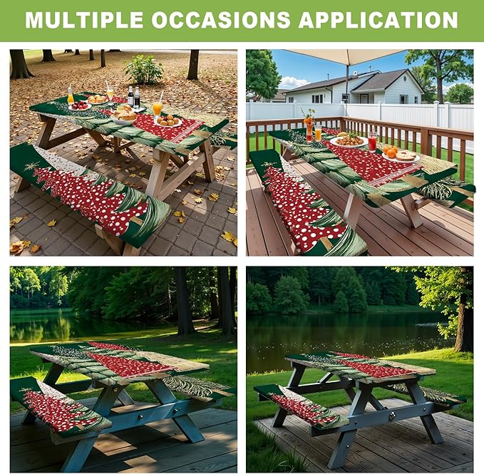 ANNA QUEEN 6FT Green Christmas Tree Picnic Table Cover Set 3PCS 72"x30", Waterproof Outdoor Bench and Tablecloth Furniture Protection for Camping Beach BBQ Patio Backyard