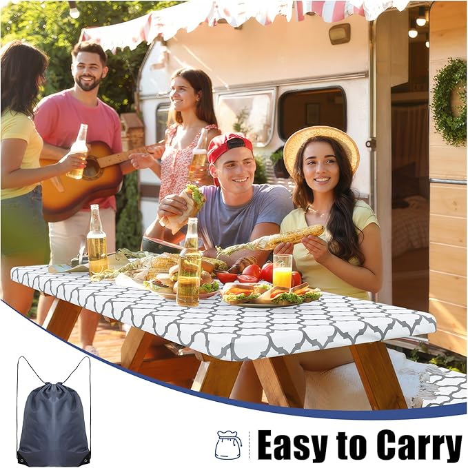 Smiry Picnic Table Cover with Bench Covers, Waterproof Elastic Fitted Tablecloth for 8 Foot Tables, Washable Polyester Tablecloths for Camping, Indoor & Outdoor (White, 30x96 Inch 3-pc Set)