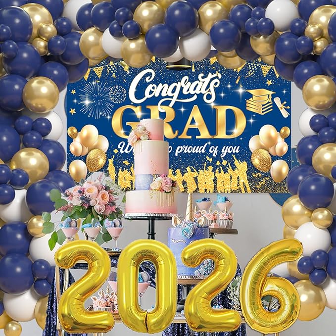 Blue And Gold 2026 Graduation Party Decorations - Graduation Balloon Arch Kit With Blue Gold Graduation Balloons, Congrats Grad Backdrop, 2026 Foil Balloons For High School Graduation Decorations