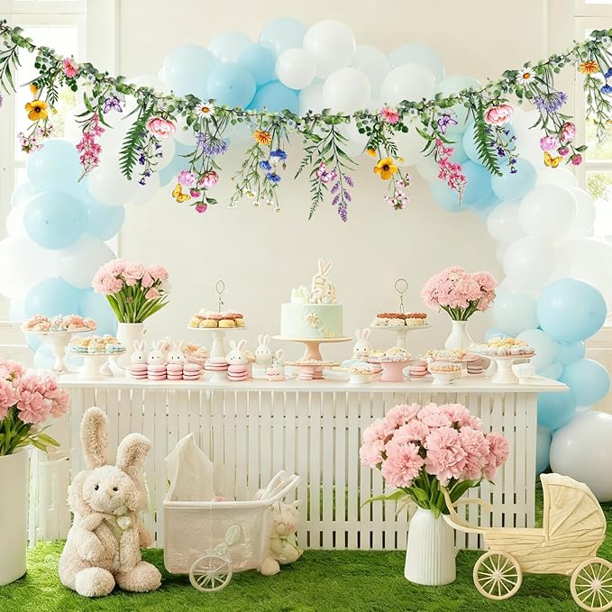 SUNBEAUTY Wildflower Banner Garden Party Flower Spring Summer Reusable Waterproof Garland 4.92 FT for Enchanted Garden Woodland Tropical Wedding Baby Shower Birthday Tea Supplies Girl Decorations