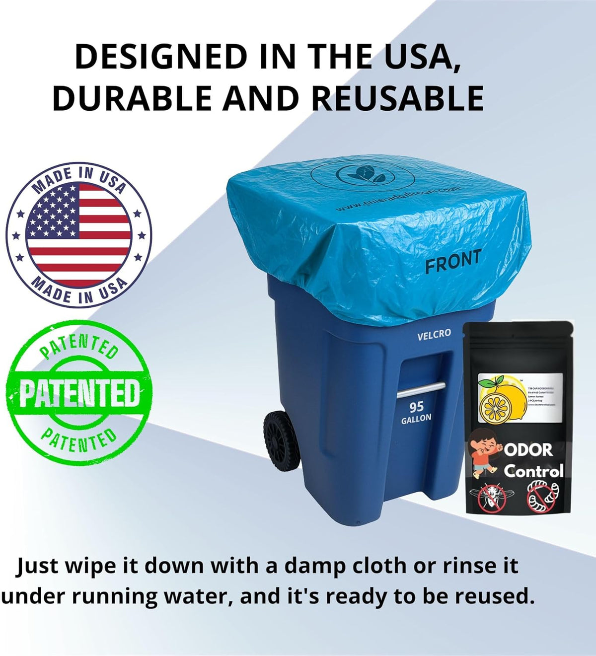 Outdoor Trash Can Odor Eliminator Cover Lemon Scented Durable Elastic Bag with Optional Straps Fits 95 Gallon Cans 2 Covers