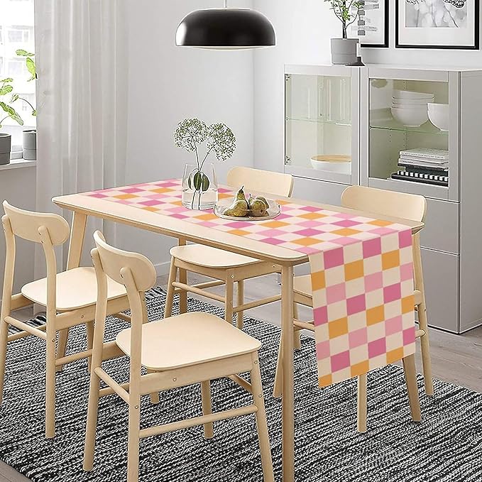 Pink Checkered Table Runner, Vintage 70s Abstract Cute Modern Hippie Table Runner for Party Kitchen Dining Home Outdoor 13x108in