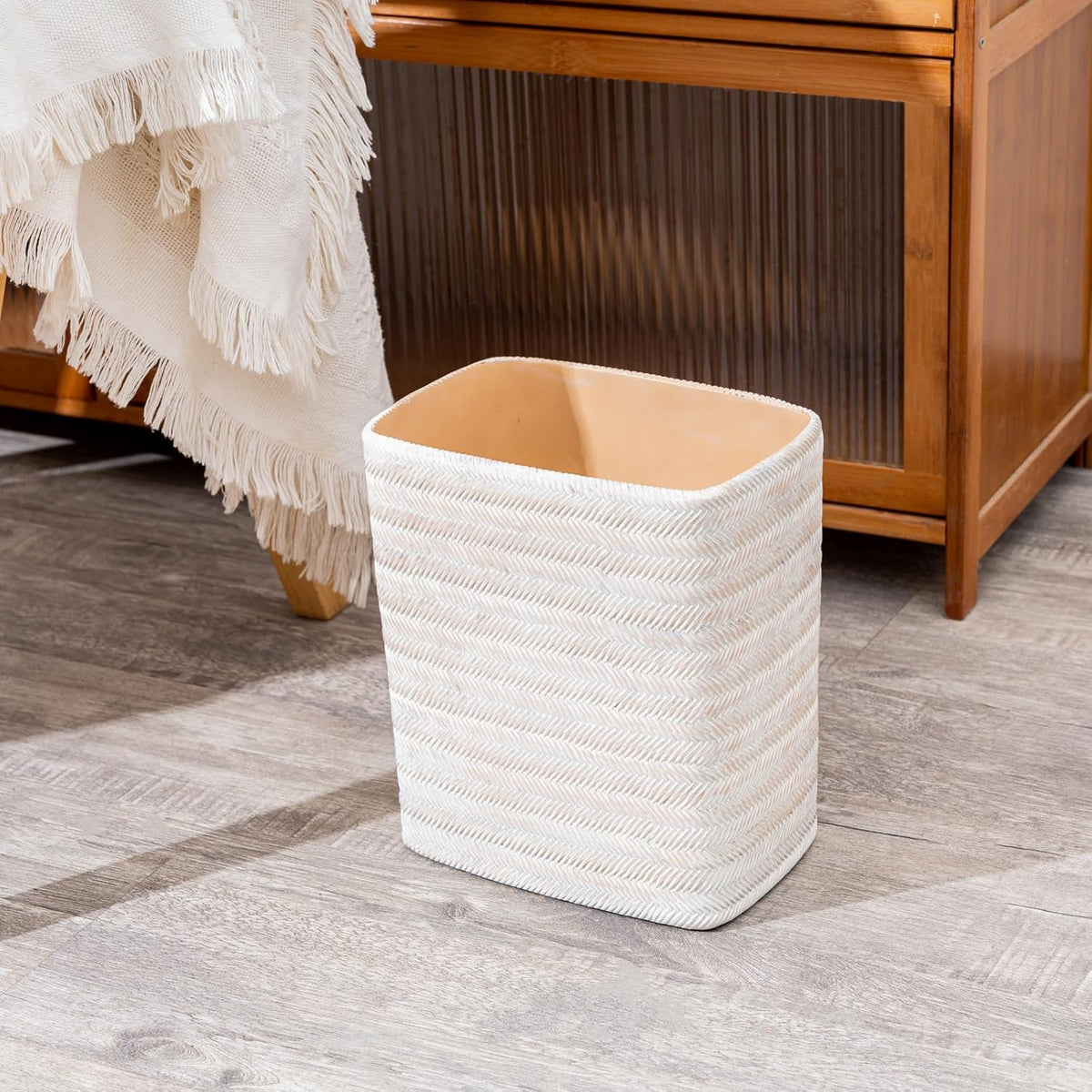 Polytree Bathroom Trash Can 1.8 Gallon Small Kitchen Garbage Can,Decor Wastebasket for Bedroom Office,Resin Hand-Carved Bamboo Wicker,Farmhouse White
