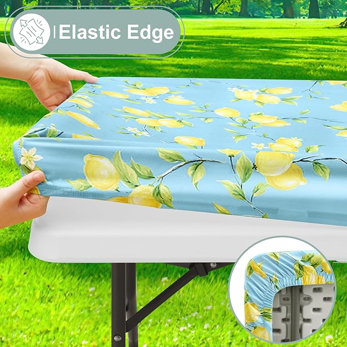 misaya Picnic Table Cover with Bench Cover, Waterproof Elastic Fitted Tablecloth for 6 Foot Tables, Rectangle Washable Polyester Fabric Tablecloths for Picnic, Camping, Outdoor (Lemon, 30" x 72")