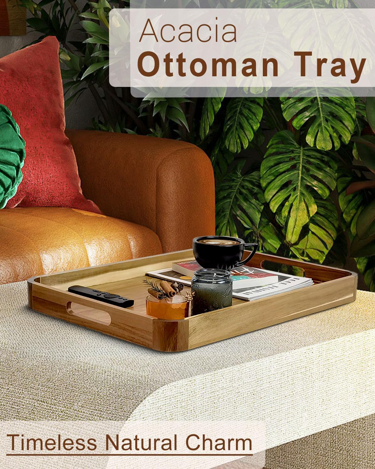 22 Inches Acacia Wood Serving Tray with Handles, Large Wooden Rectangle Ottoman Tray, Nice Home Decor for Living Room Coffee Table Couch
