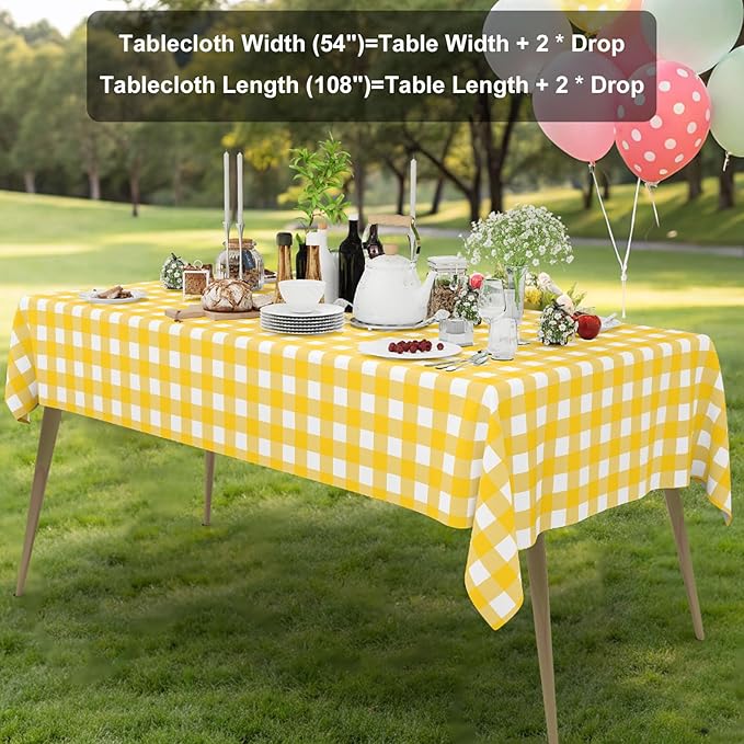 Smiry 3 Pack Yellow Gingham Disposable Tablecloths - 54" x 108" Heavy Duty Plastic Table Cloth, Waterproof Buffalo Plaid Table Covers for Picnic, Banquets, Outdoor Parties
