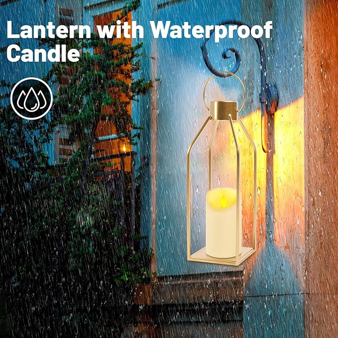 HPC Decor Modern Farmhouse Lantern Decor - 2PCS Gold Metal Candle Lanterns with Waterproof Flickering Candle & Remote Timer, Lanterns Decorative for Living Room, Home, Indoor, Outdoor, Table Decor.