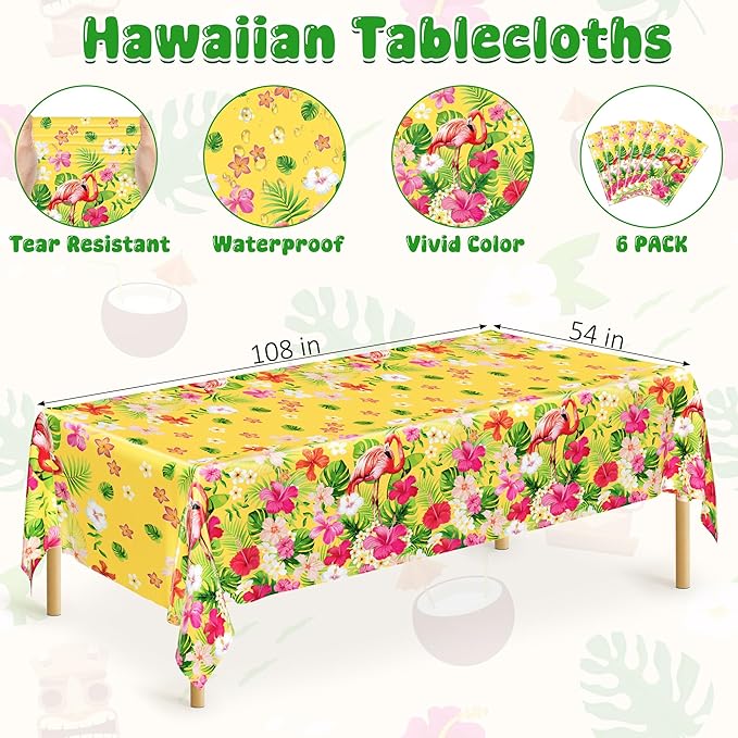 QZYL 6 PCS Luau Tablecloths, 54 x 108 Inches Hawaiian Table Cloths, Disposable Luau Party Supplies Tropical Decorations with Flamingo Palm Leaves, Aloha Party Decorations Summer Decor for Tiki Bar