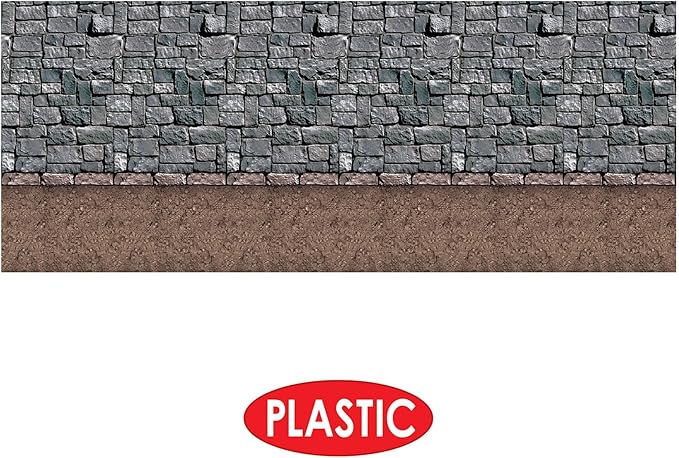 Beistle Stone & Dirt Floor Wall Backdrops, 4’ x 30’, Pack of 2 – Medieval Party Decorations, Medieval Decor Background, Easy to Adhere Wall Covering, Stone Backdrop, Halloween Party Decorations