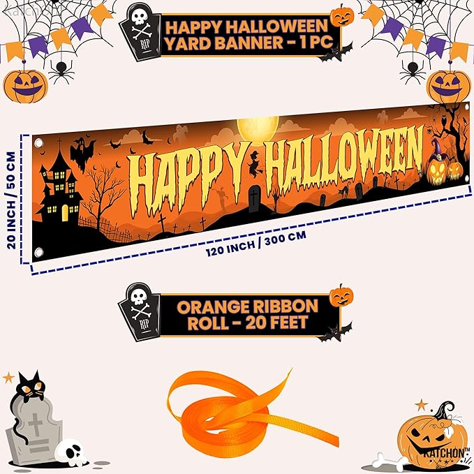 Katchon, Happy Halloween Banners For Outside-120x20 Inch Orange And Black Yard Sign | Halloween Decorations Outdoor Banner | Summerween Party Decorations | Happy halloween Banner