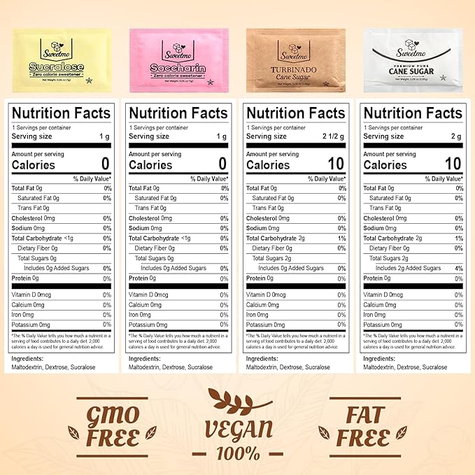 Sweetmo Sugar Packets Variety Pack - Sucralose, Raw Sugar, Saccharin, Cane Sugar with Wooden Stirrers - 400 Count for Coffee, Tea, Office Breakrooms