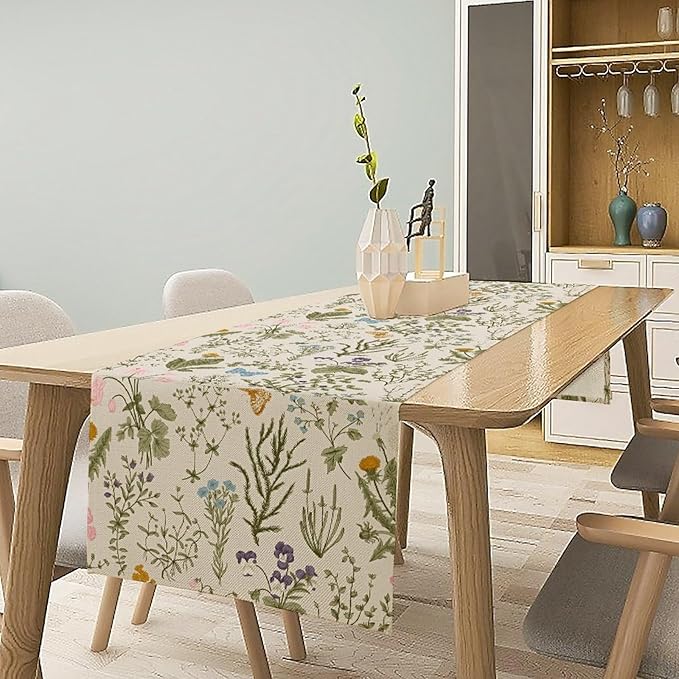 Vintage Wildflower Table Runner,Spring Floral Herbs Botanical Summer Butterfly Print Table Runner for Kitchen Dining Table Home Party Decor 13x90in