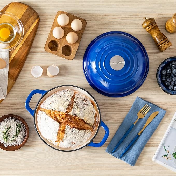 Velaze Enameled Cast Iron Dutch Oven for Bread Baking,5 QT Round Bread Oven Pot with Dome Lid for Sourdough, Roasting,Braising(Blue)