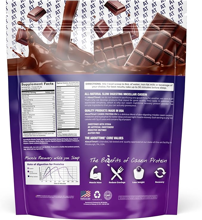About Time Casein Protein Chocolate, 19g Protein, Nighttime Recovery Formula, No Artificial Sweeteners, No Growth Hormones