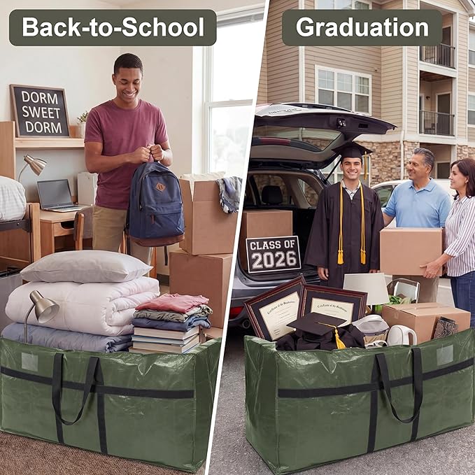 4 Pcs 66 Gallon Extra Large Moving Bags Heavy Duty Storage Bag with Strong Zipper Handle Foldable XXL Jumbo Storage Tote Packing Moving Box for College Dorm Travel Cloth Duffle (Green)