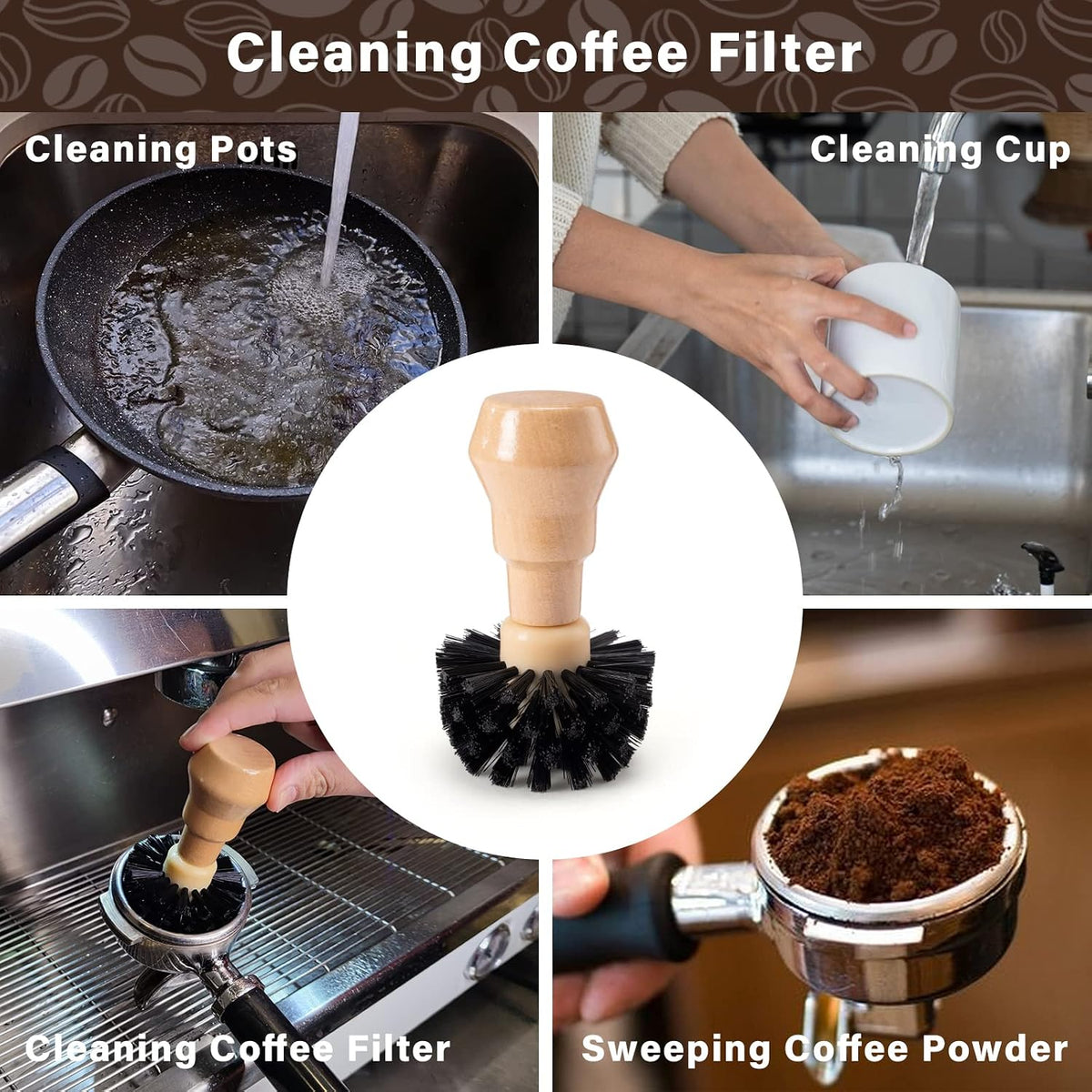HOMEE Coffee Portafilter Basket Cleaning Filter Brush Fits for 54/58mm | Stiff Bristles Wood Handle Coffee Accessories,Espresso Barista Machine Cleaning Tool,Fits for Home Kitchen &amp; Small Coffee Bar