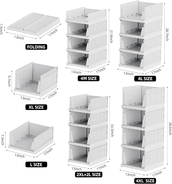 Clothes Organizers and Storage, 4 Packs Stackable Plastic Storage Basket for Closet, Stackable Plastic Storage Bins Storage Box Closet Shelf for Bathroom Kitchen Office, 4XL