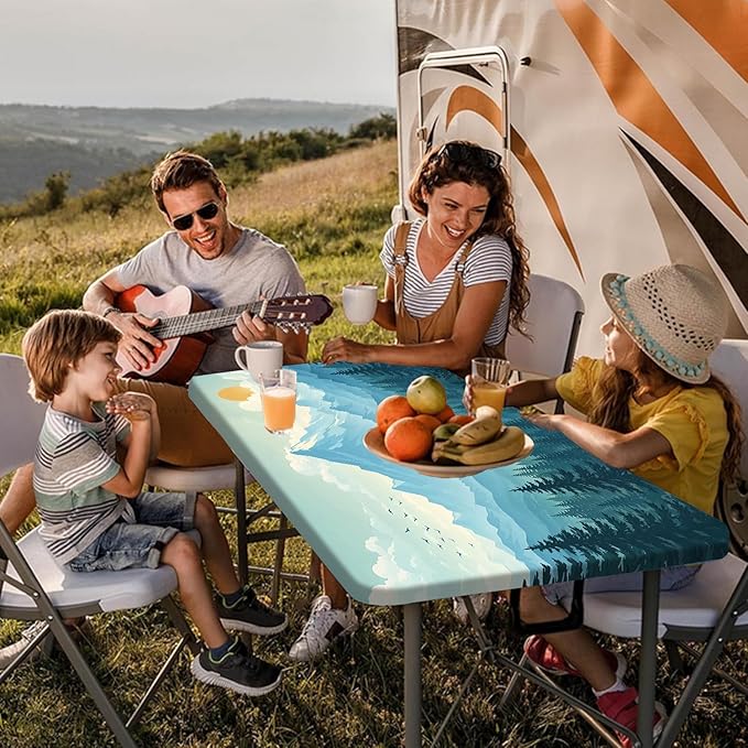 Picnic Table Cover with Bench Covers and Bag, Forest Mountain Sunset Camping Tablecloth, Waterproof Windproof Oilproof Elastic Edges Fitted Tables Cover for Indoor Outdoor 3PCS 30x72 Inch (Green)
