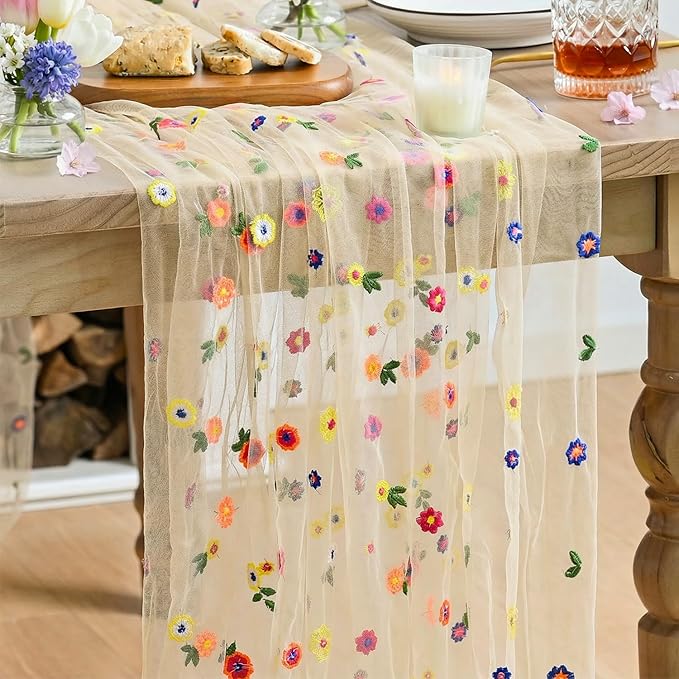Artoid Mode Champagne Embroidery Daisy Spring Gauze Table Runner 59x120 Inch 10FT, Seasonal Sheer Kitchen Dining Holiday Wedding Birthday Table Decor for Home Party
