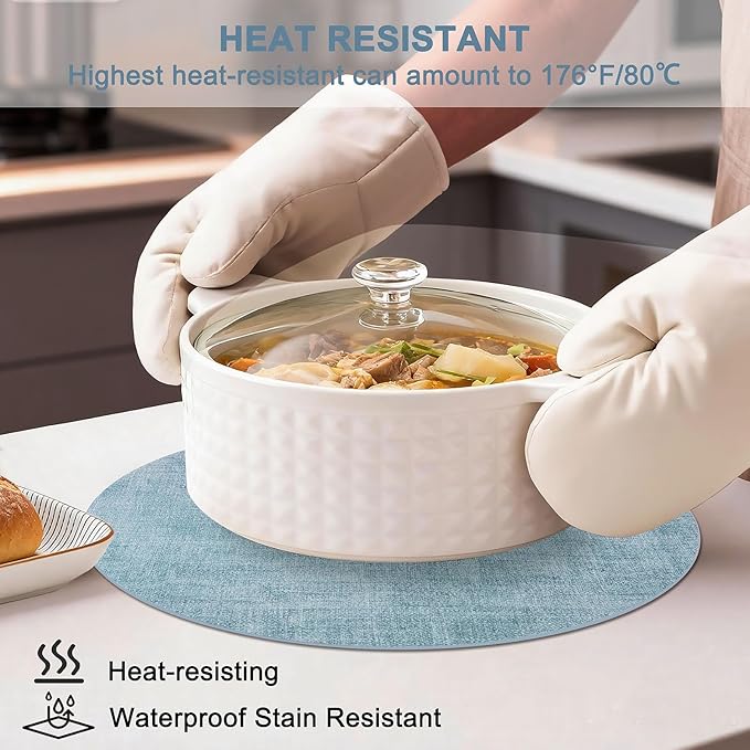 Round Faux Leather Placemats and Coasters, Set of 8, Reversible Heat Resistant Non-Slip Table Mats, Waterproof Wipeable Place Mats for Dining Table, Washable for Indoor & Outdoor (8, Blue)
