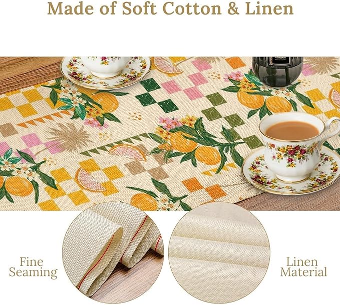 Tropical Summer Fruit Table Runner, Orange Square Grid Lemon Beach Ocean Table Runner for Kitchen Dining Party Holiday Home 13x120in