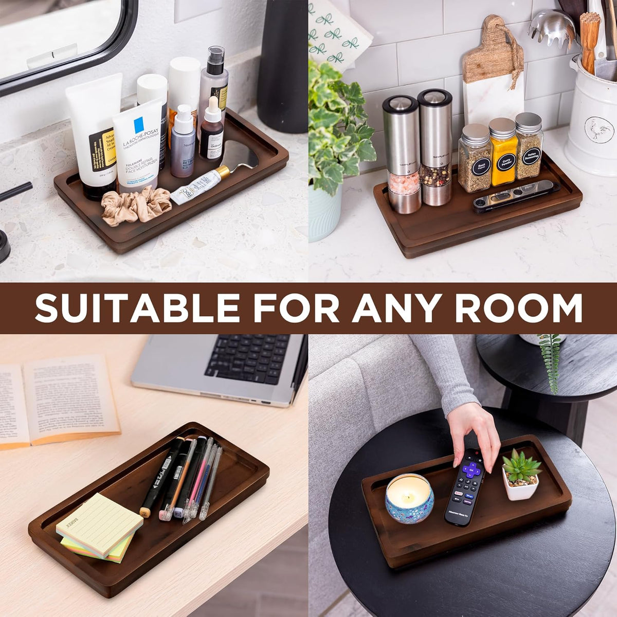 Bathroom Vanity Tray 11.8x5.9in of Acacia Wood - Elegant Organizer for Cosmetics, Jewelry, Perfume, Candle, Key - Premium Wood Tray for Bathroom