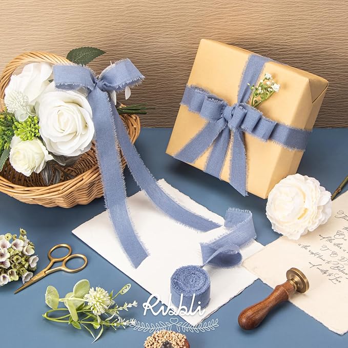 Ribbli 3 Rolls Dusty Blue Ribbon 1 Inch x 18 Yards Handmade Cotton Frayed Fringe Ribbons for Gift Wrapping Wedding Invites Bridal Bouquets Baby Shower DIY Crafts Home Decor