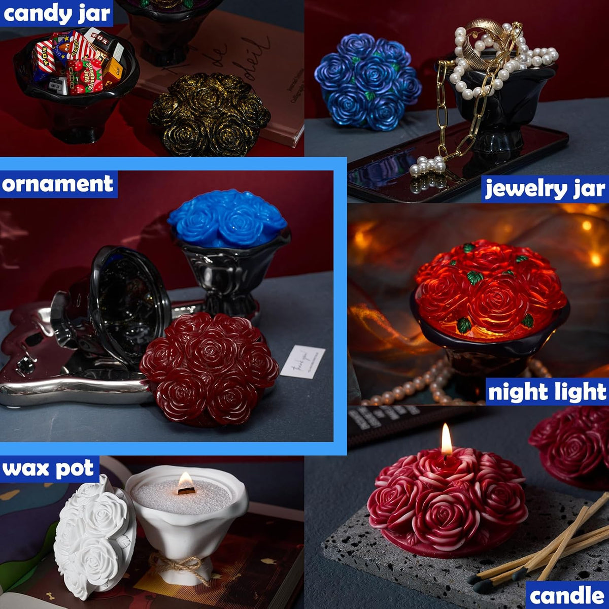 Epoxy Resin Storage Box Silicone Molds A Bouquet of Roses Jar with Lid DIY Jewelry Trinket Candy Container Silicone Mould Epoxy Concrete Cement