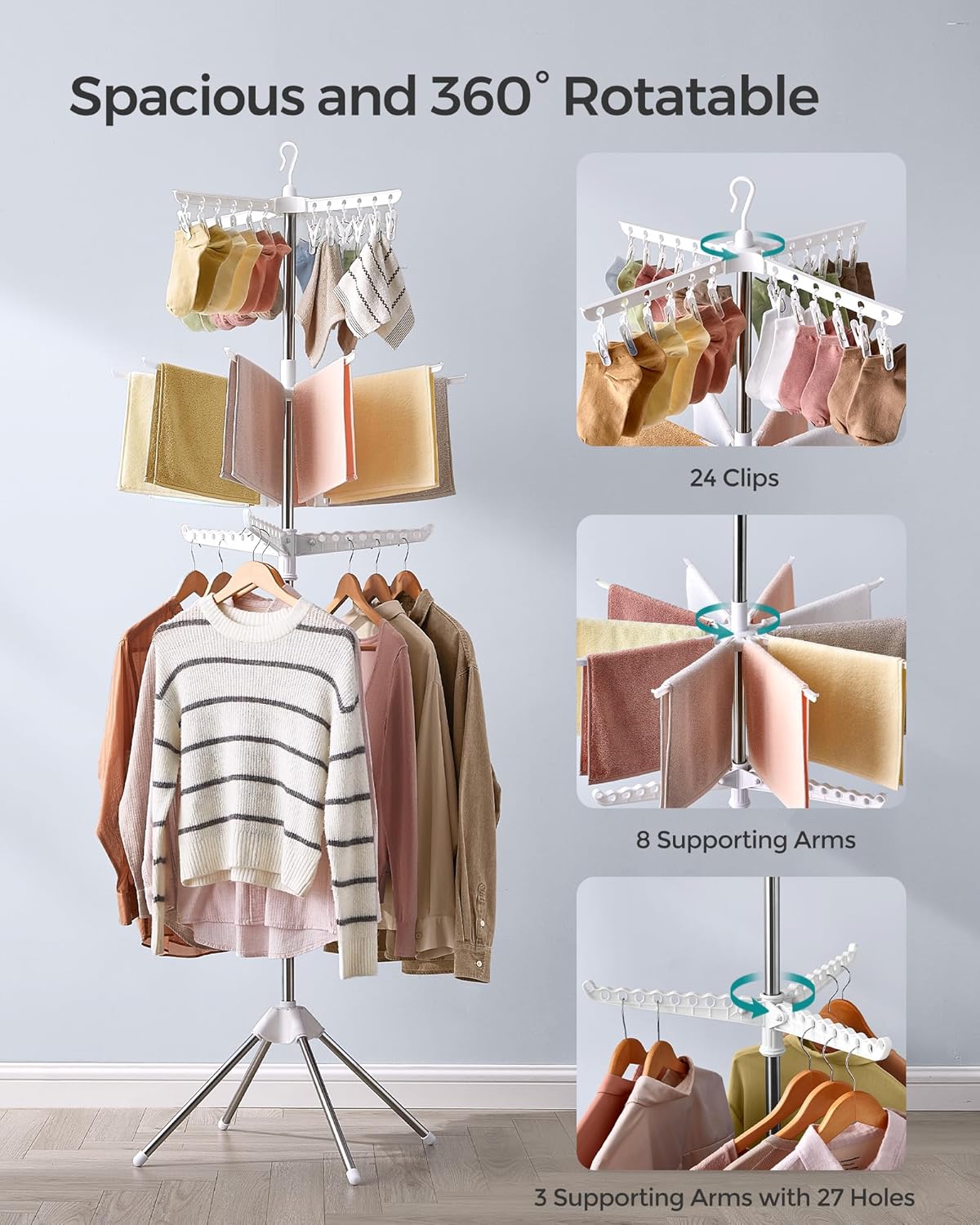 Songmics 3-Tier Clothes Drying Rack, 82.7-Inch Folding Laundry Drying Rack with 11 Rotatable Arms for Hangers, 24 Clips, Stainless Steel