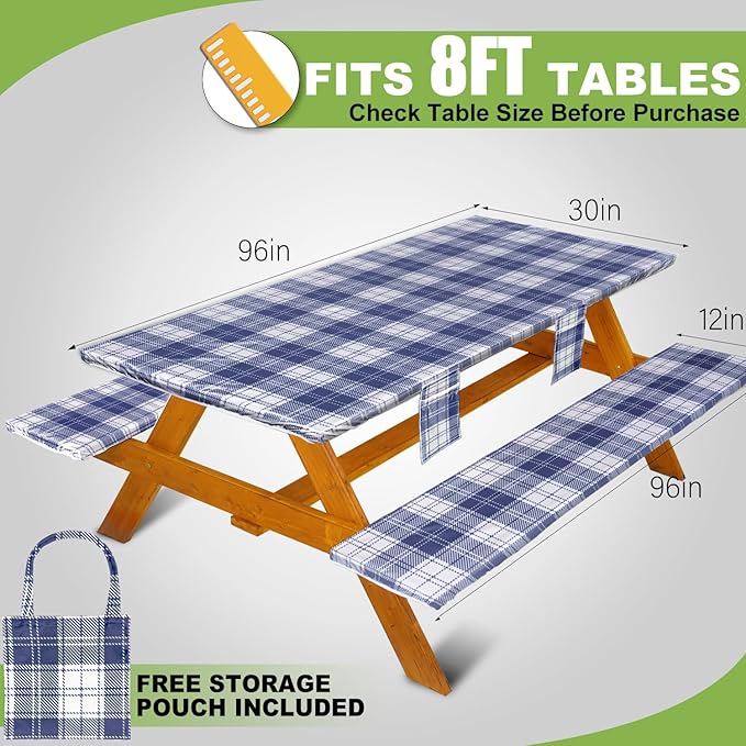 Fitted Picnic Table Cover with Bench Covers Waterproof Elastic Edges Rectangle Patio Tablecloth Outdoor Camping Essentials Stuff Rv Accessories Summer Trip Travel Camper Gifts for Woman Men, 96in 8 ft