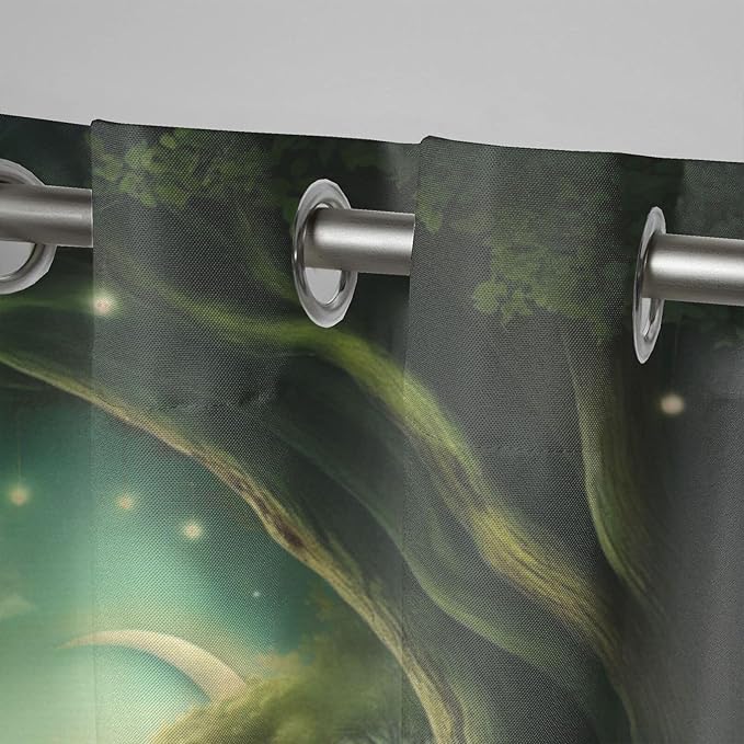 Forest Theme Waterproof Outdoor Curtains for Patio,Trees Moon Lake Pattern,Privacy Curtains for Porch Pergola Arbor Lanai Pool House Outside Deck,2 Panels,54 x 84 inch,Green